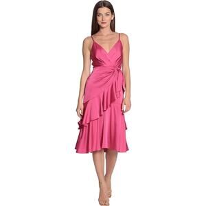 Maggy London Fit and Flare Faux Wrap Satin Ruffle Cocktail Dress NWT Size 6